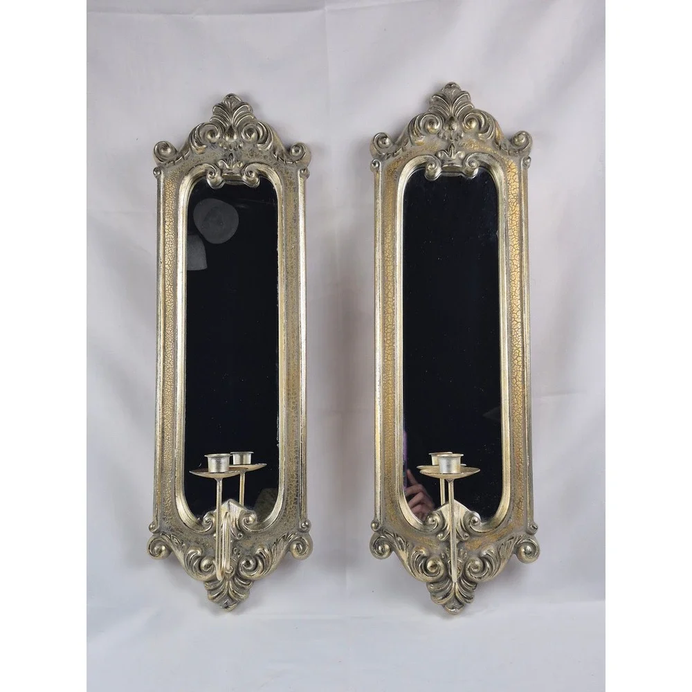 Large Pair of Baroque Style Gold Mirror Wall Candle Sconces Antiqued Gilt Finish
